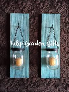 Mason Jar Sconces (shown in Turquoise) by Tulip Garden Gifts